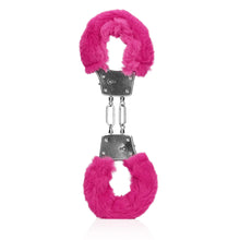 Carregar imagem no visualizador da galeria, Algemas metálicas para pulsos - com pêlo rosa - Furry metal hand cuffs - Ouch!