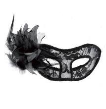 Carregar imagem no visualizador da galeria, Máscara veneziana preta em renda com flor e penas - Maskarade