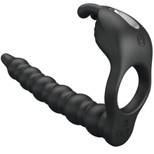 Carregar imagem no visualizador da galeria, Strap-on para dupla penetração com anel vibratório para o pénis - 15 cm - Blackney - Pretty Love