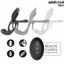 Carregar imagem no visualizador da galeria, Vibrador para casal/engrossador de pénis com estimulador de clitóris, anel duplo para pénis e testículos e comando - Clitorial stimulator ring -Addicted Toys