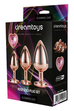 Carregar imagem no visualizador da galeria, Conjunto de 3 plugs anais em metal rosa com brilhantes em coração - Rose gold plug set - Dream Toys
