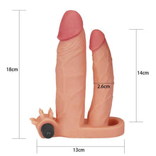 Carregar imagem no visualizador da galeria, Manga extensora vibratória para pénis e dupla penetração - 18cm -  Bege - Lovetoy
