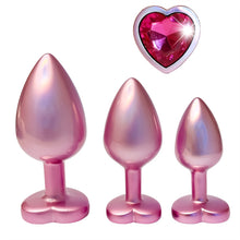 Carregar imagem no visualizador da galeria, Conjunto 3 plugs anais em metal roda com brilhantes em coração - Pearl pink plug set
