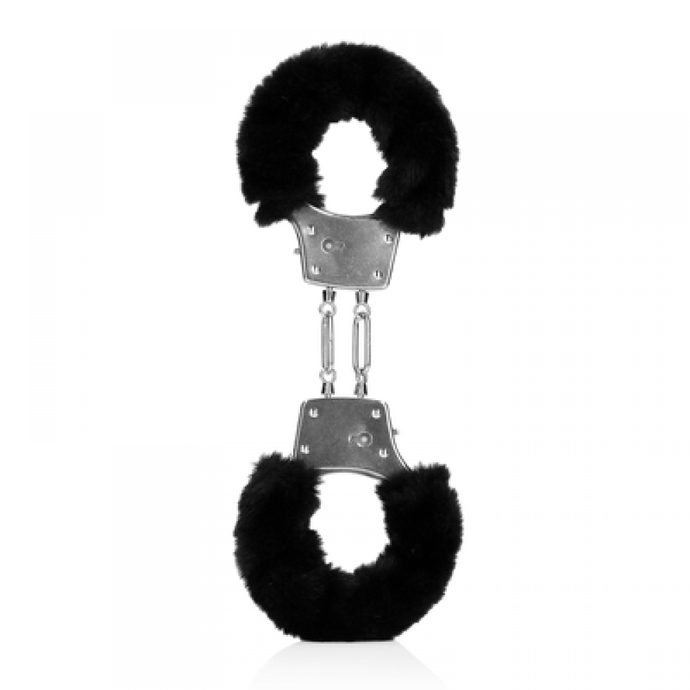 Algemas metálicas para pulsos - com pêlo preto - Furry metal hand cuffs - Ouch!
