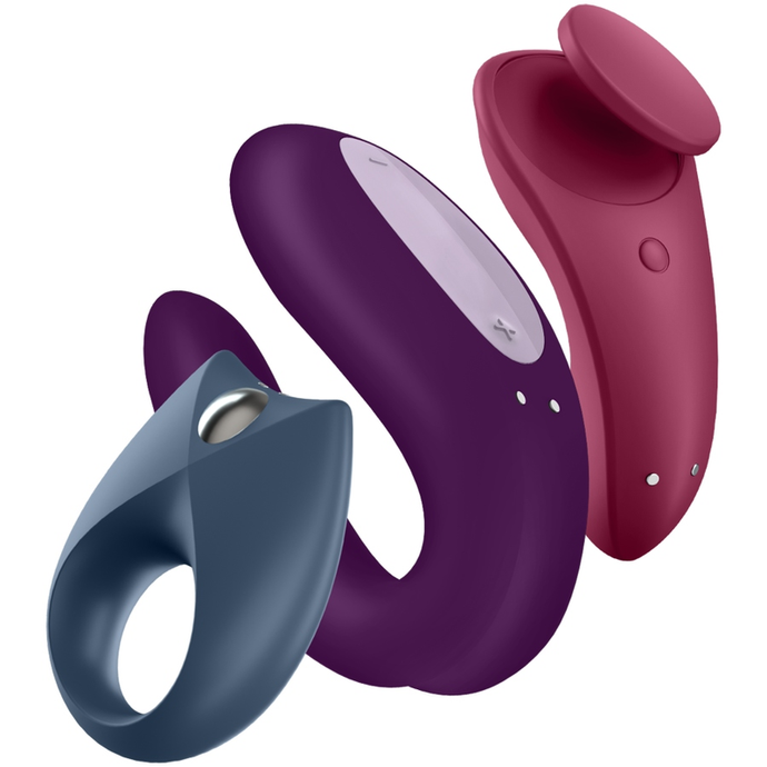 Conjunto de 3 brinquedos - Anel peniano, Vibrador de cueca e Vibrador de casal - com APP - Partner Box - Satisfyer