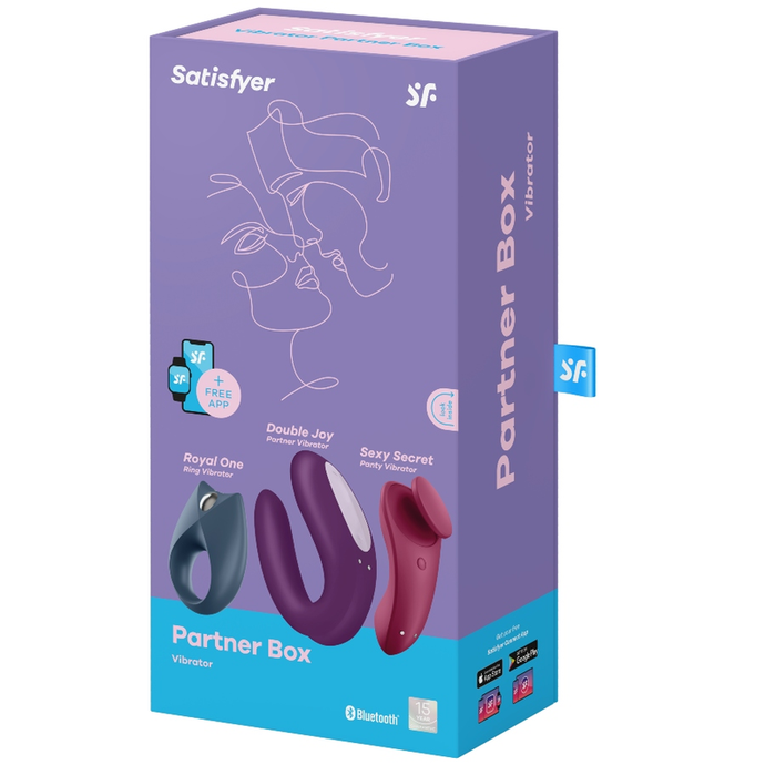 Conjunto de 3 brinquedos - Anel peniano, Vibrador de cueca e Vibrador de casal - com APP - Partner Box - Satisfyer