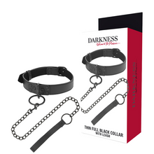 Carregar imagem no visualizador da galeria, Coleira e trela - Thin full black collar with leash - Darkness
