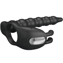 Carregar imagem no visualizador da galeria, Strap-on para dupla penetração com anel vibratório para o pénis - 15 cm - Blackney - Pretty Love
