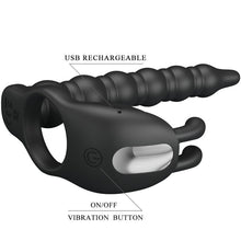 Carregar imagem no visualizador da galeria, Strap-on para dupla penetração com anel vibratório para o pénis - 15 cm - Blackney - Pretty Love
