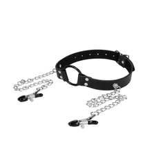 Carregar imagem no visualizador da galeria, Mordaça com argola e pinças para mamilos - O-Ring gag with nipple clamps - Ouch!
