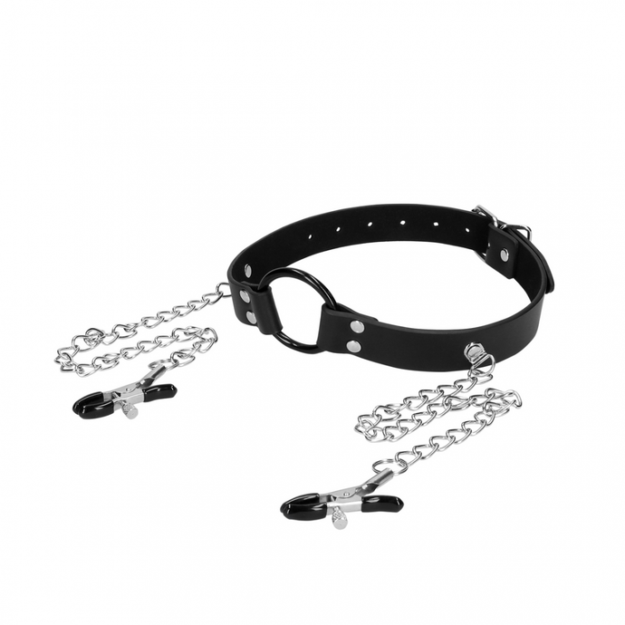 Mordaça com argola e pinças para mamilos - O-Ring gag with nipple clamps - Ouch!