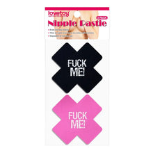 Carregar imagem no visualizador da galeria, Pack 2 Tapa-mamilos em Cruz - Fuck Me - Preto e Rosa - Nipple Pastie - Love Toy
