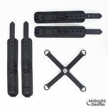 Carregar imagem no visualizador da galeria, Algemas em cruz para pulsos e tornozelos - Hogtie cross bar hand &amp; ankle cuffs - Midnight Desires
