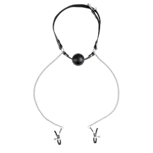 Carregar imagem no visualizador da galeria, Mordaça com bola respiravel e pinças para mamilos - Nipple Clamps Jewels - Virgite
