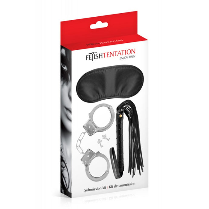 Kit Submissão para iniciantes FETISH TENTATION.  Composto por: chicote, máscara e algemas.